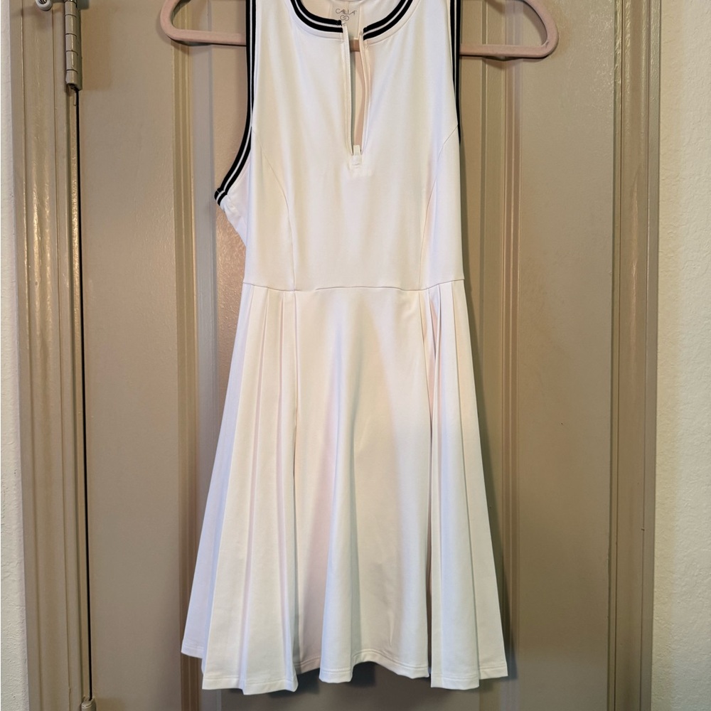 White Sleeveless Dress with Black Trim